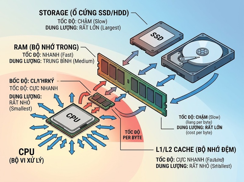Bộ nhớ máy tính và vai trò của RAM, cache, lưu trữ dài hạn