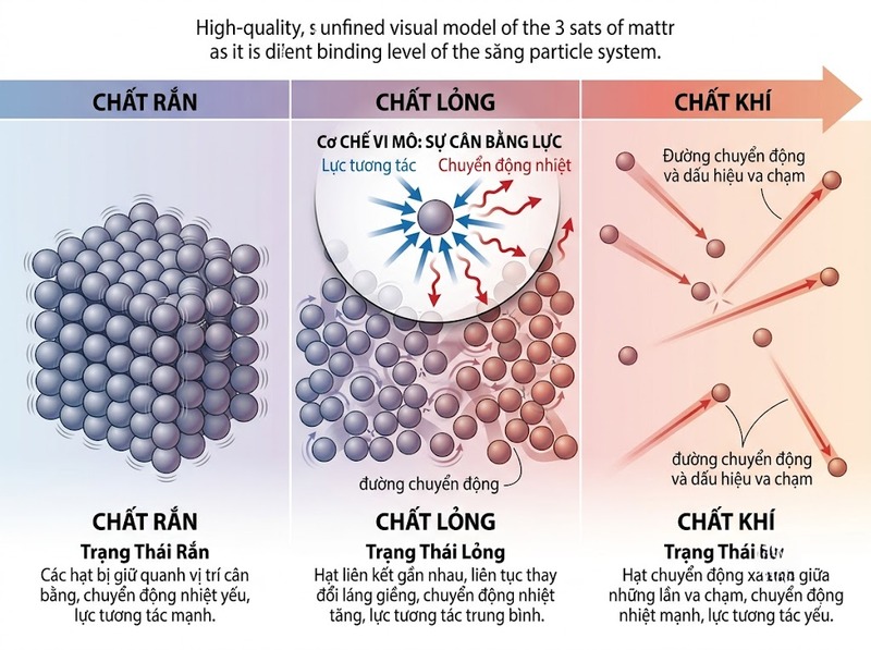 Phân biệt chất rắn, chất lỏng, chất khí theo cấu trúc và chuyển động hạt