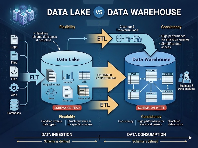 Phân biệt data lake và data warehouse theo dữ liệu, cấu trúc, mục đích