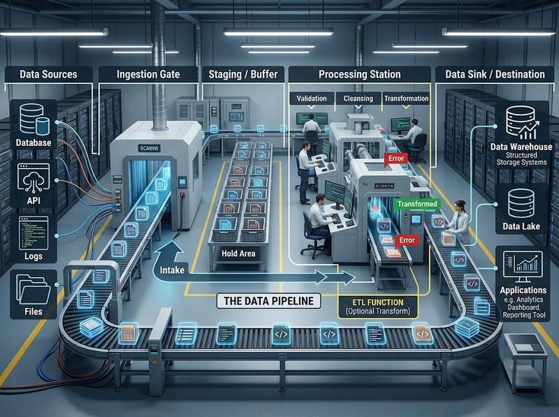 Data pipeline và luồng dữ liệu từ nguồn đến nơi xử lý, lưu trữ