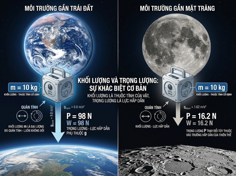 Phân biệt khối lượng và trọng lượng theo lượng vật chất, lực hấp dẫn