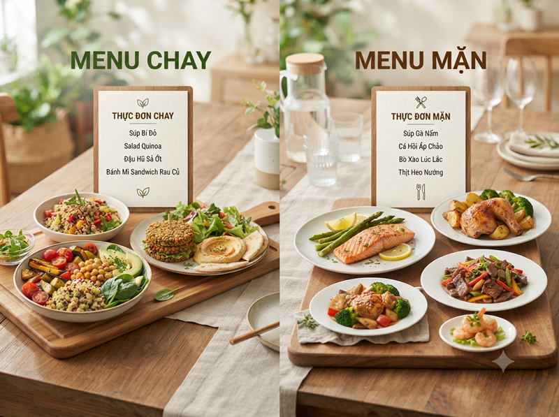 Cách bố trí thực đơn riêng cho khách ăn chay và ăn mặn