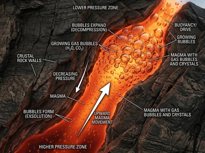 Phun trào núi lửa và quá trình magma, khí tạo áp lực dưới bề mặt