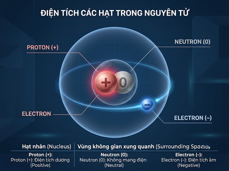 Phân biệt proton, neutron, electron theo điện tích, khối lượng, vị trí
