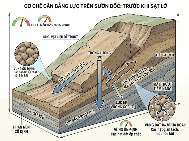 Sạt lở đất và vai trò của trọng lực, nước, địa hình, cấu trúc đất
