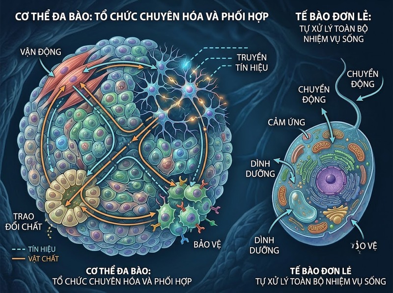 Phân biệt sinh vật đơn bào và đa bào theo tổ chức, chuyên hóa chức năng