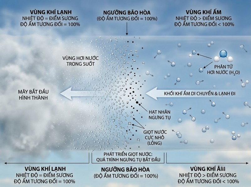 Sự hình thành mây qua quá trình làm lạnh, ngưng tụ và tạo giọt
